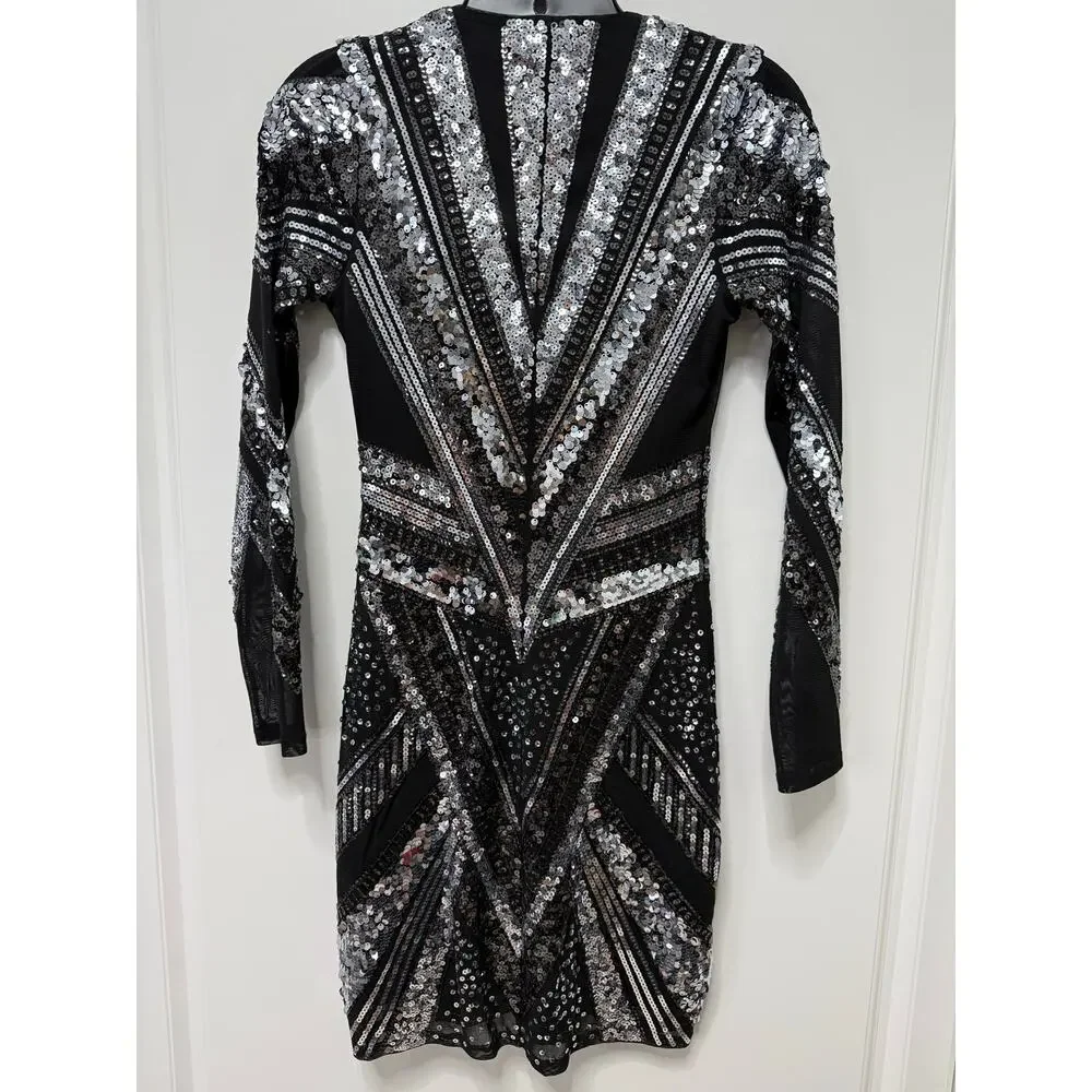 Express XS Black Silver Sequin Bodycon Dress Long Sleeve Deep V Party Mini - Picture 3 of 5